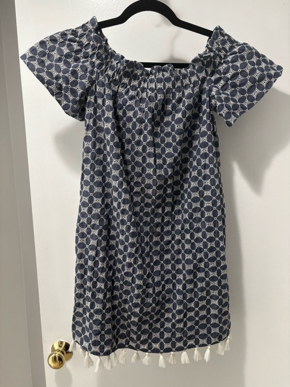Chelsea28 Navy and White Off-Shoulder Mini Dress with Tassel Hem Size 10